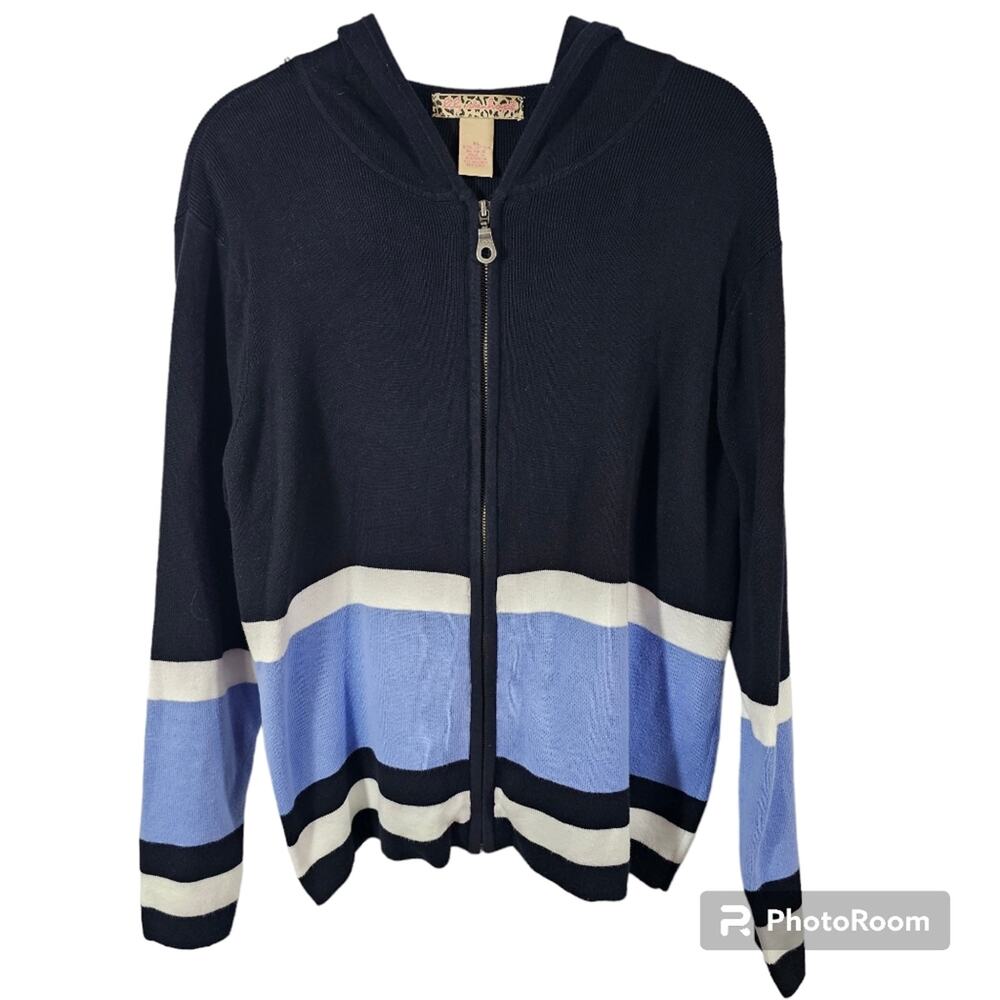 Lily Stanhope Hooded Zipper Front Navy Cotton Sweater XL